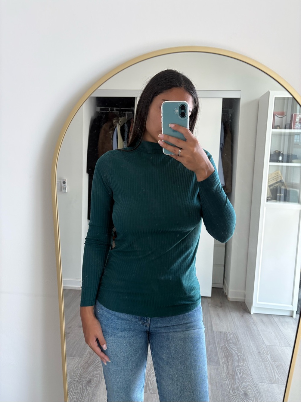 Primark Ribbed Mock Neck Long Sleeve Top in Deep Teal